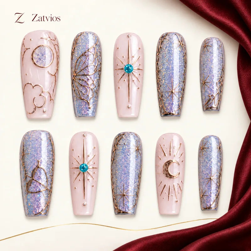 Zatvios Celestial Veil DM-57 — ten-nail design display; Blush pink / Lilac / Gold / Turquoise accents