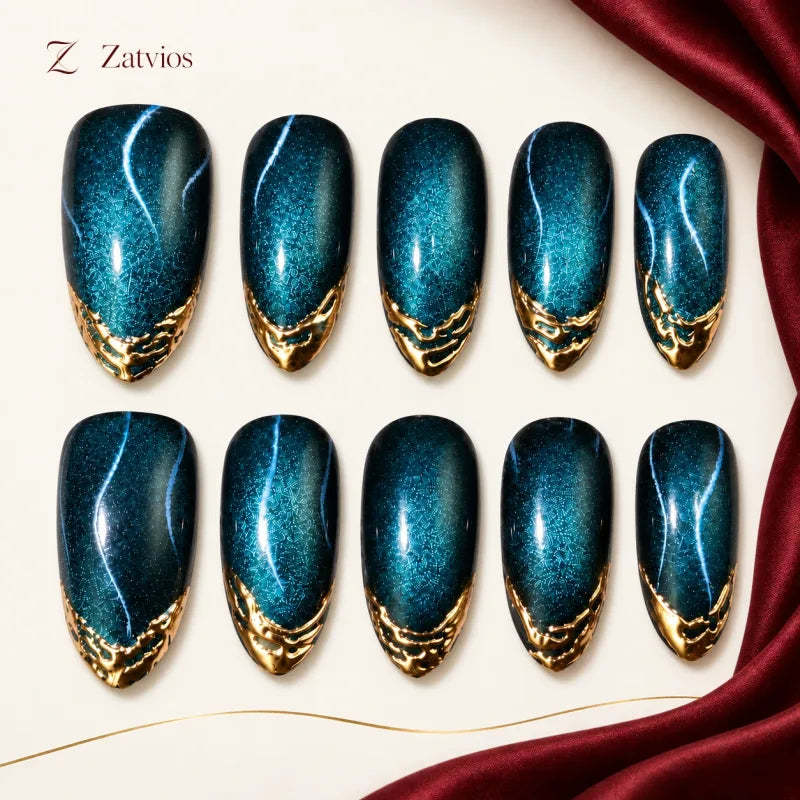 Zatvios Teal Horizon DM-573 — ten-nail design display; Deep teal / Blue / Gold