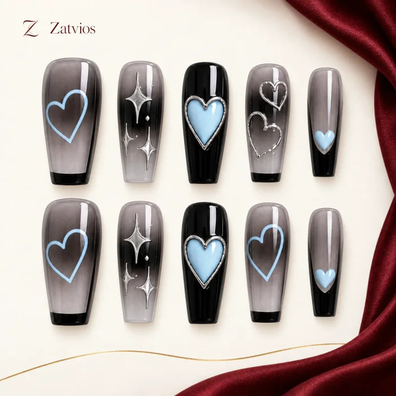Zatvios Midnight Hearts DM-63 — ten-nail design display; Smoky grey / Black / Ice blue / Silver