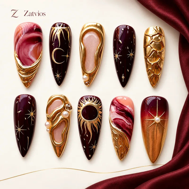 Zatvios Bordeaux Cosmos DM-633 — ten-nail design display; Bordeaux / Nude / Gold