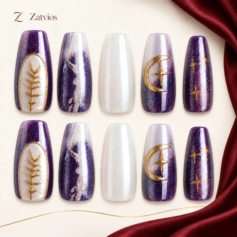 Zatvios Violet Orbit DM-71 — ten-nail design display; Violet / Pearl / Gold