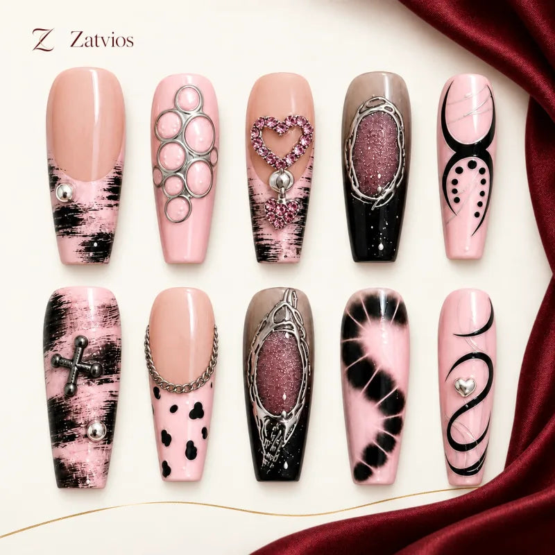 Zatvios Blush After Dark DM-73 — ten-nail design display; Blush / Black / Silver