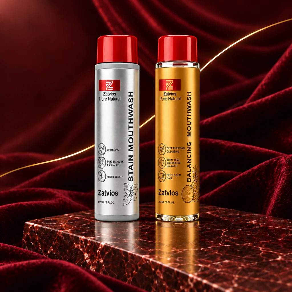 Silver and Gold Edition mouthwash in a burgundy campaign setting