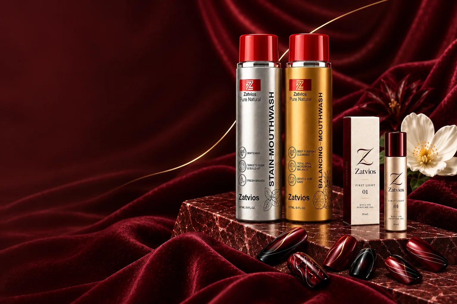 Zatvios campaign composition with Silver and Gold mouthwash, First Light fragrance concept and burgundy press-on nail art